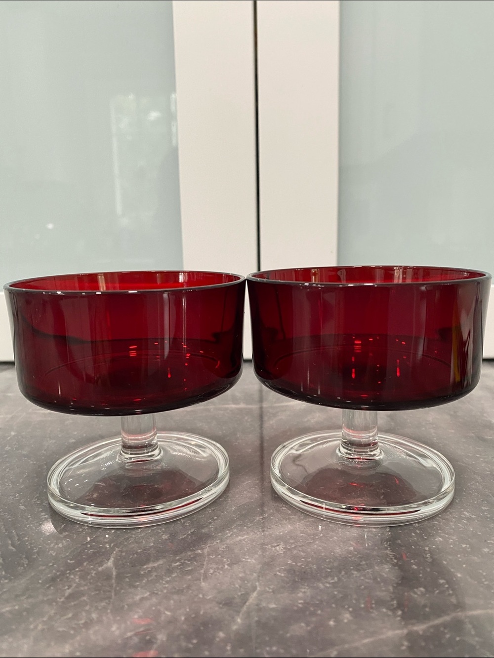 Red Glass Dessert Compotes - Elegant Footed Bowls. 3 3/8” Diameter x 3” Tall